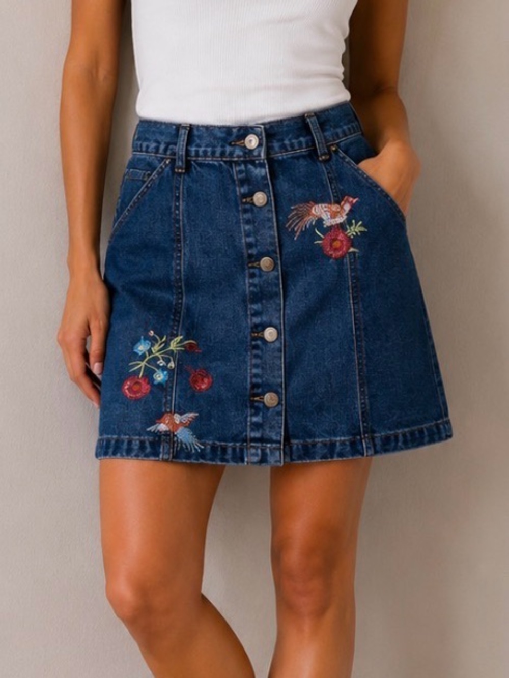 Boutique Vintage Jean Skirt Embroidered Button-Front Denim Bird Johnny Was Like